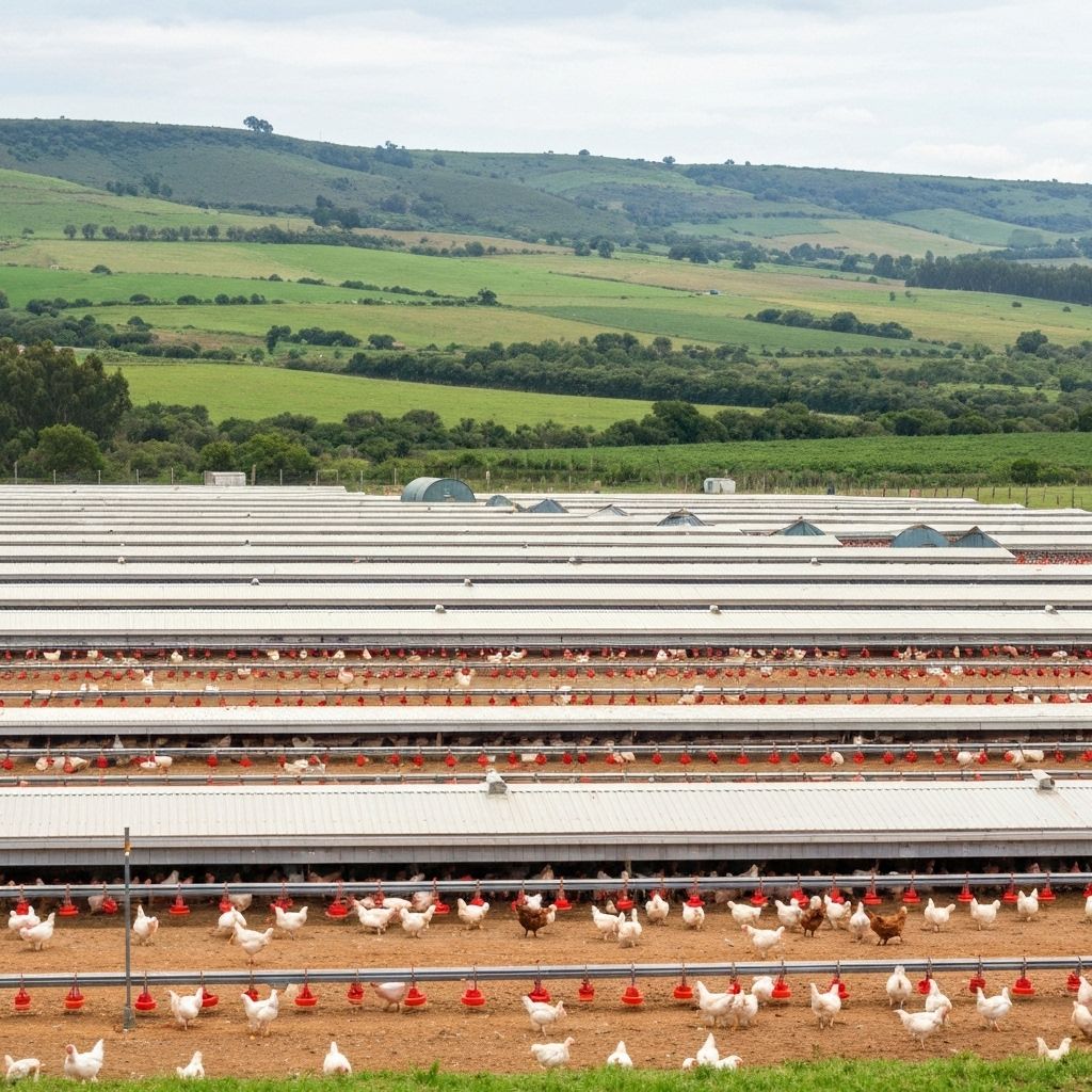 Free-range chickens roaming on South African farm with mountain views
